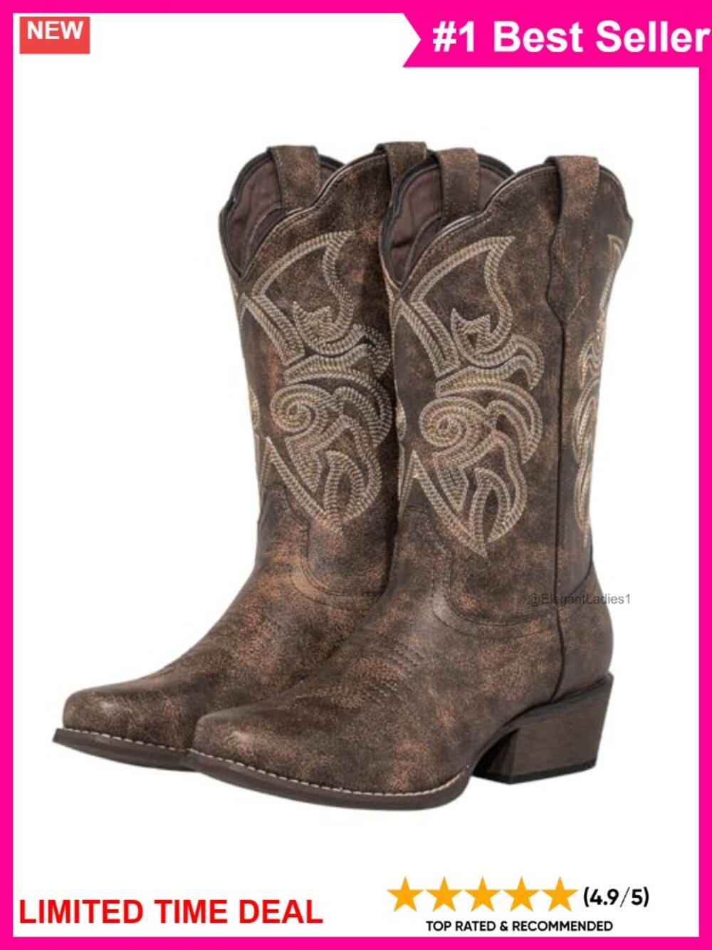 Wide Calf Square Toe Cowboy Boots Faux Leather Floral Cuff Mid-Calf